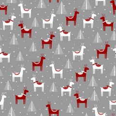 Seamless pattern with geometric snowy trees and reindeers. Red and white nature illustration. Cute winter seamless background.