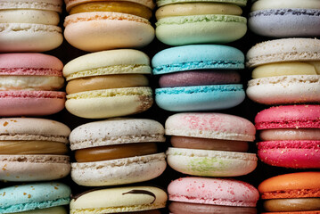 Colorful macaroons, macro shot, filling from different flavors is visible.