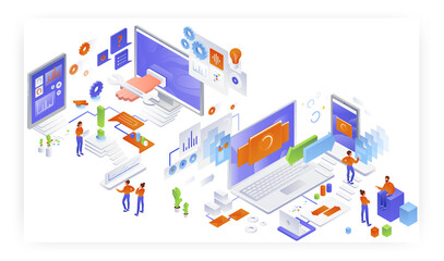 Data sync, customer support, computer service, technical assistance, vector isometric illustration.