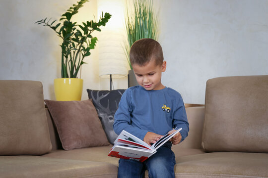 boy sitting on the couch and reading a book. High quality photo