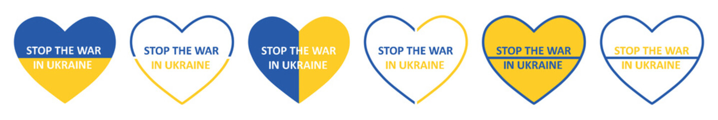 Set of Ukrainian flag hearts. Heart flag of Ukraine, save Ukraine, pray for Ukraine. National symbol collection. Blue and yellow, no war in Ukraine, stop war. Vector.