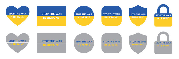 Set of Ukrainian flag. Flag of Ukraine, save Ukraine, pray for Ukraine. National symbol collection. Blue and yellow, no war in Ukraine, stop war. Vector.