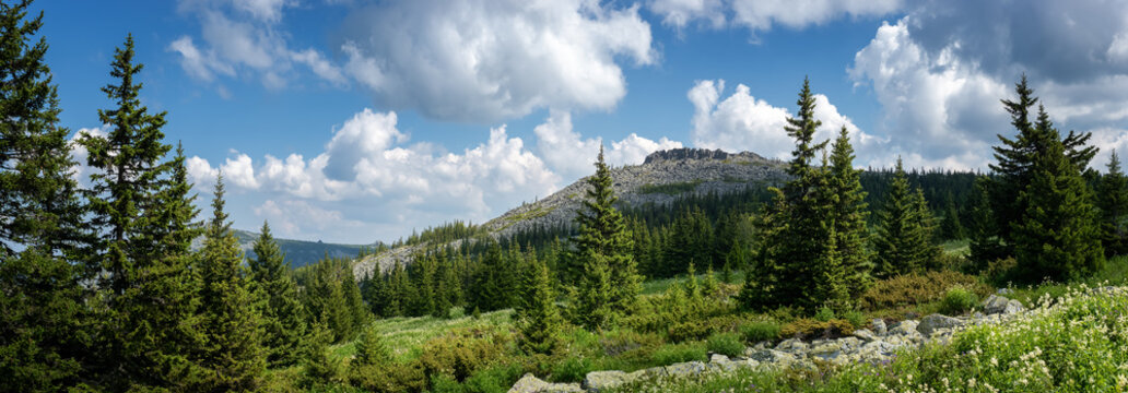 Mountain landscape in Russia in July, Ural Sverdlovsk region 2022, Bashkiria © 7ynp100