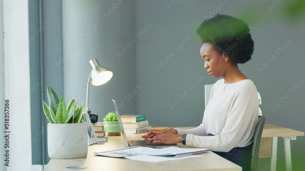 Aufkleber female law student typing an assignment report online while studying at home. a black woman studying