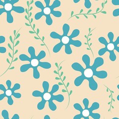 Cute seamless pattern of minimalist flowers, blue flowers and green foliage on a neutral background