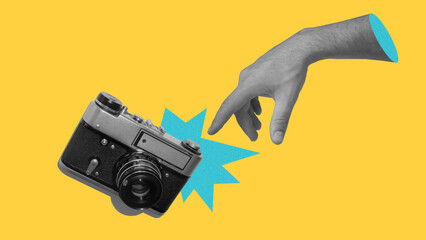 The hand reaches out to touch the vintage camera. Creative pop art collage. Photography and photographer background. The hand reaches out to touch the camera. Creative art collage vintage.  - obrazy, fototapety, plakaty