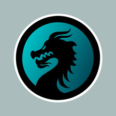 Black dragon on the blue background as sticker for design websites, applications, clothes or social network communication. Dark wyvern on the blue circle for design your logo, icon or sign.