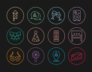 Set line Piece of cake, BBQ brazier, Glass champagne, Party hat, Gift bow, Firework rocket, Stereo speaker and Slice pizza icon. Vector
