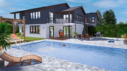 Haus mit Pool im Sommer - 3D Render, 3D Illustration