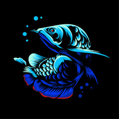 illustration of arowana in blue glow in the dark, fit for t-shirt screen printing