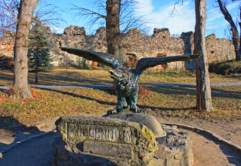 Statue Bronze eagle (Turul) in Uzhgorod castle Ungvar in Ukraine
