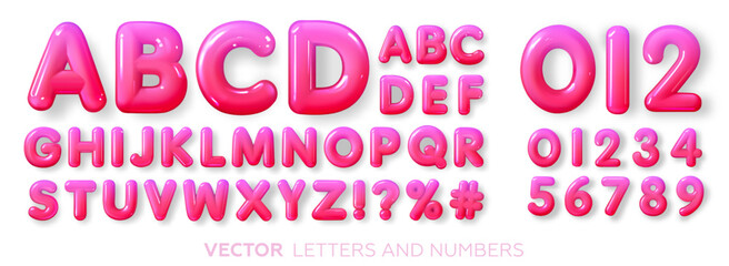 Bright, pink, gradient, glossy, plastic alphabet 3d. Realistic letters. Vector illustration - obrazy, fototapety, plakaty