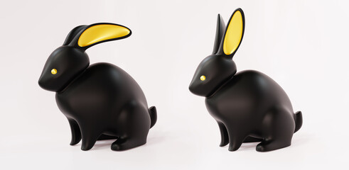 Two cute black ceramic bunny ornaments with golden ears. Animal characters. Realistic 3d illustration. Isolated on white background. Year of the rabbit according to the Chinese zodiac.