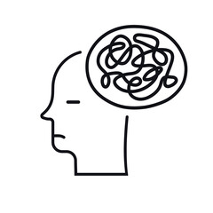 Depression in mental health man feeling problems concept illustration, failures, heartbreak, worried. Tired persone icon, sad mood line style isolated on white background. 10 eps