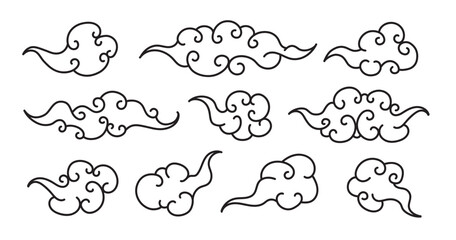Tibetan cloud set elegant line style black color isolated on white background. Oriental traditional ornament for holiday card, invitation, party poster, flyer, decor element. Clouds in the sky. Vector