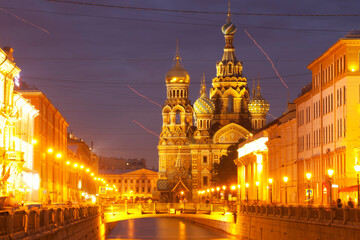 Fototapeta na wymiar The church by the canal. White nights, Saint-Petersburg, Russia