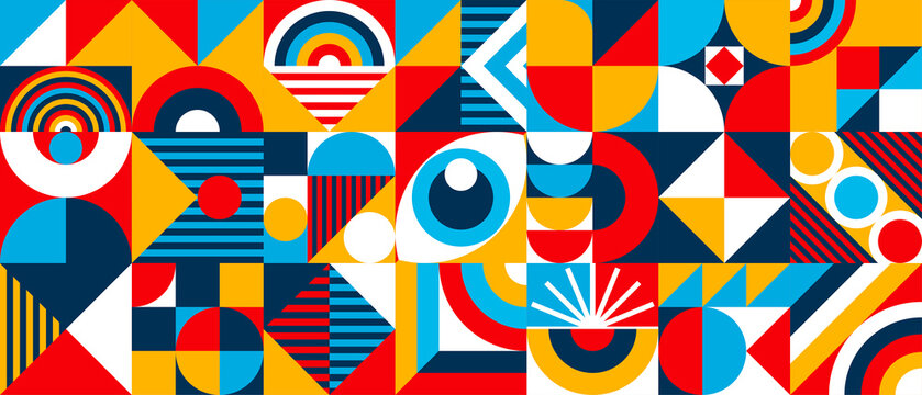 Abstract bauhaus eye banner minimal 20s geometric style with geometry figures and shapes circle, triangle. square. Human psychology and mental health concept illustration. Vector 10 eps