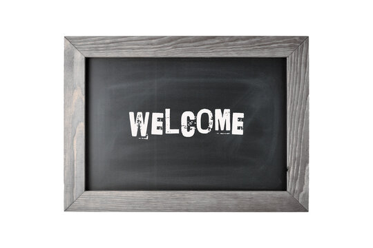 Vintage black board or school chalkboard with wooden frame and word Welcome isolated on white