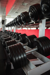 Naklejka na ściany i meble Rack with heavy dumbbells in the gym or fitness club.