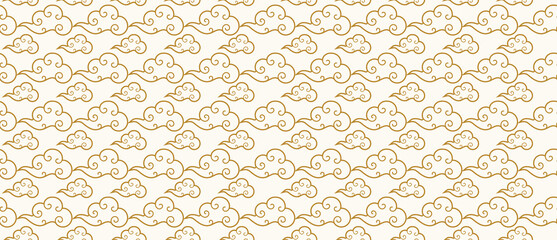 Seamless pattern of tibetan sky gold style. Oriental traditional ornament for holiday card, invitation, party poster, flyer, decor element. Clouds in the sky. Vector 10 eps