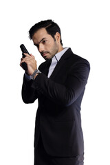 Naklejka premium Isolated Businessman Pose with Handgun