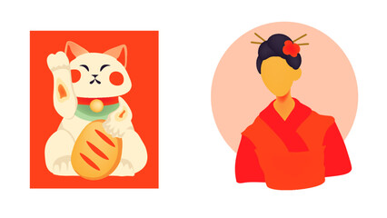 a Japanese girl in Japanese folk attire next to a maneki-neko cat, a symbol of good luck