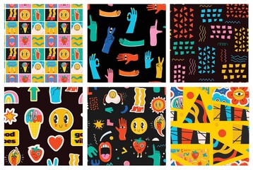 Seamless patterns with crazy comic faces and colorful geometric shapes with outline. Mosaic texture in complementary bright and black colors.