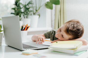 Kid boy study at home at laptop, tired sleep and napping on notepad, doing school homework. Caucasian Child siting with notebook and training book. Back to school. Distance learning online education.