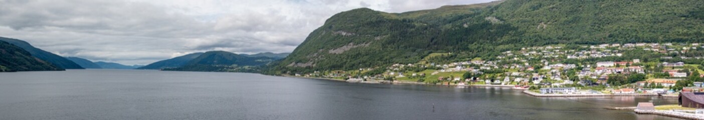 Fototapeta na wymiar Nordfjordeid Panorama view from harbor Vestland in Norway (Norwegen, Norge or Noreg)