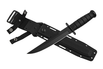 Modern hunting knife with black blade and rubber handle. Steel arms. Isolate on a white back.