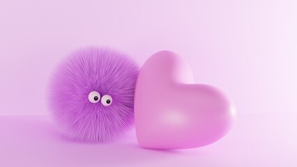 the concept of a sweet heart. the furry creature snuggles up to the heart. cute picture of lovers purple pink background. 3d illustration