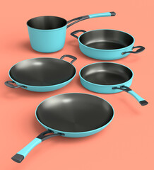 Set of stewpot, frying pan and chrome plated cookware on coral background
