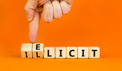 Illicit or elicit symbol. Businessman turns wooden cubes and changes the concept word Illicit to Elicit. Beautiful orange table orange background. Business illicit or elicit concept. Copy space.