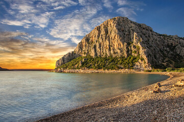 Beautiful rocky shore during sunset on the Mediterranean Sea. Turkey