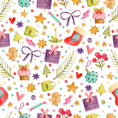 Cartoon Christmas watercolor pattern. Seamless pattern for wrapping paper, festive designs.