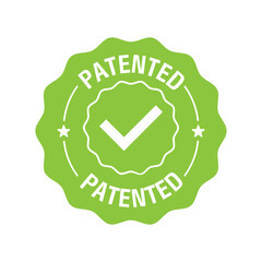 Patented label or sticker. Patent stamp badge icon vector, successfully patented licensed label isolated tag with check mark. Vector - obrazy, fototapety, plakaty