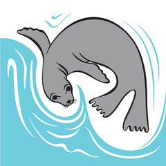 Cute seal vector illustration. Fur seal jumping in the waves. Pattern in grey-white-blue colors with sea animals  isolated on white background. Can be used as a print on T-shirts, postcards, posters.