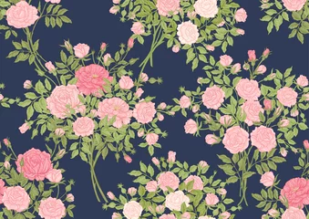 Rolgordijnen Roses flowers on branches. Millefleurs trendy floral design. Seamless pattern, background. Vector illustration. On blue denim background © Elen  Lane