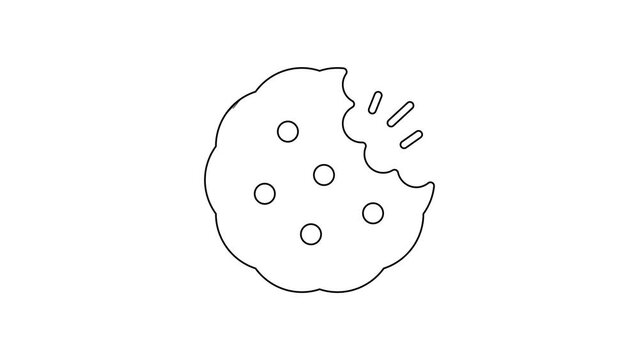Black line Cookie or biscuit with chocolate icon isolated on white background. 4K Video motion graphic animation