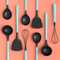 Wooden kitchen utensils, tools and equipment on coral background.