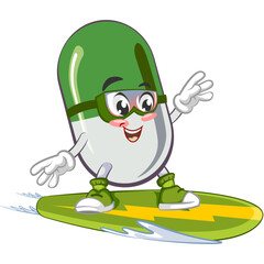vector illustration of cute capsule mascot surfing