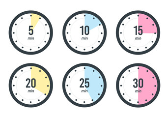 Timer, clock, stopwatch isolated set icons. 5, 10, 15, 20, 25, 30 min. Label cooking time. Vector illustration - obrazy, fototapety, plakaty