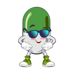 vector illustration of cute capsule mascot in great health and wearing stylish sunglasses