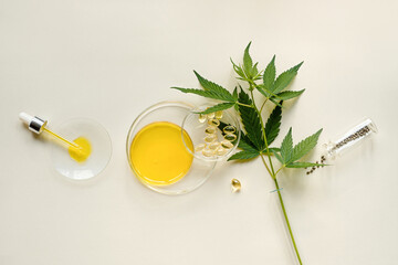 CBD oil in a pipette, capsules, THC tincture and cannabis leaves in a test tube on a beige background