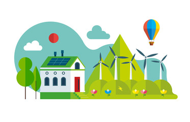 Concept illustration for ecology, green power, wind energy, sustainability. Green energy landing page with a house with solar panels, wind turbines. 