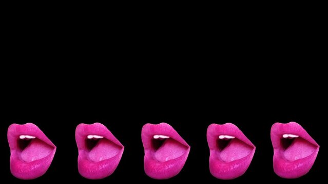 Modern trendy background with open mouth or lips on a black background. motion graphics looped background. animated collage. Fashion concept