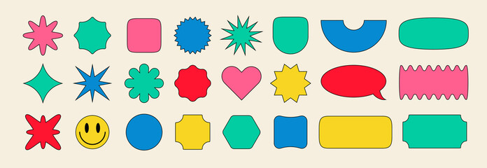 Sticker retro color style set isolated on white background. Funny cute banner, trendy new wave stamp, cool comic design elements, cartoon style pins. 10 eps