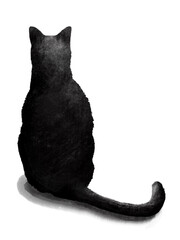 黒いねこ、座っている猫、猫の背中、後ろ姿の猫