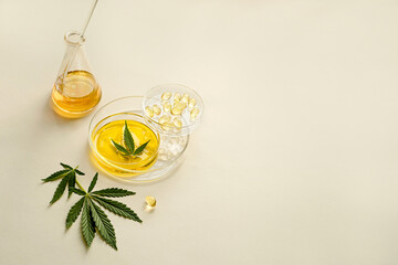 CBD oil in laboratory glassware, Petri dishes. Capsules, THC tincture, CBD oil and hemp leaves,...