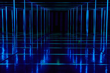 Mirror walkway lined with blue neon lights - obrazy, fototapety, plakaty